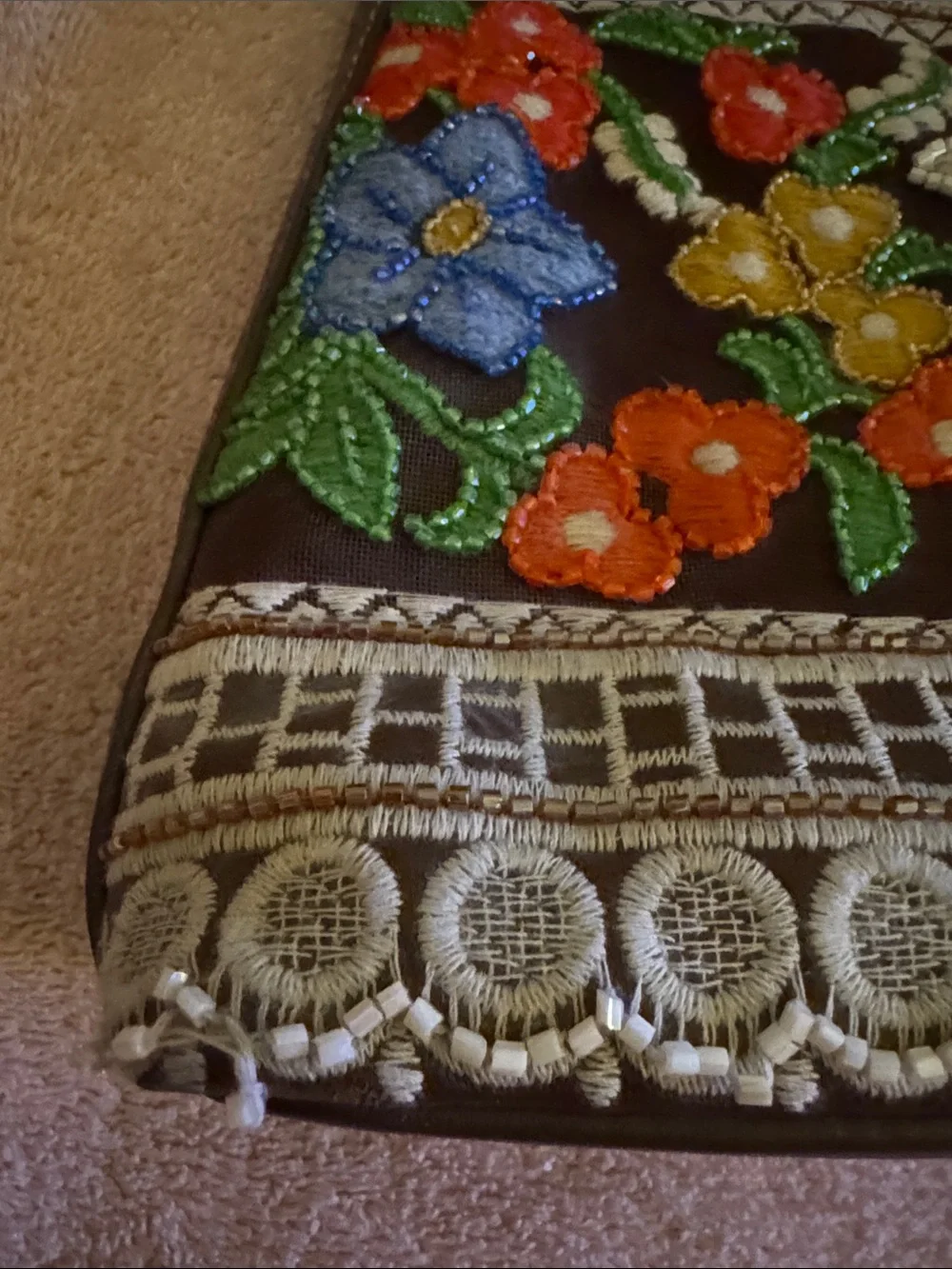 Isabella Fiore Beaded Floral Brown Shoulder Bag